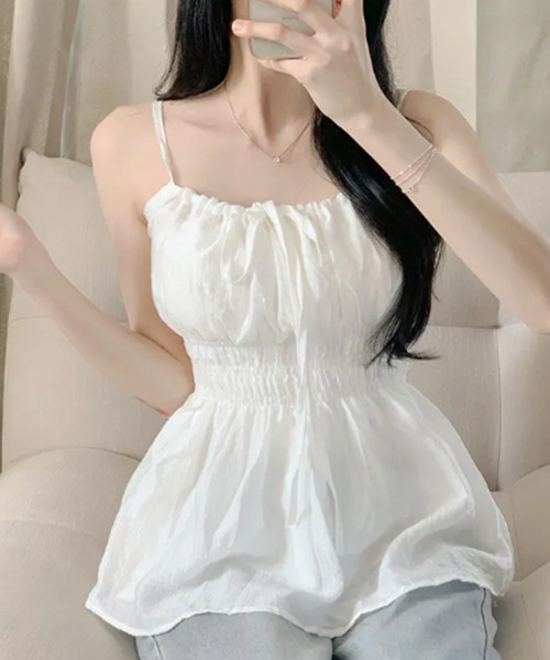 VIVID LADY(ビビッドレディー)の「ドロストネック シャーリングペプラムキャミブラウス(シャツ/ブラウス・レディース・ホワイト/ライトブルー/ブラック/クリーム/ピンク・FREE)」の1枚目の写真