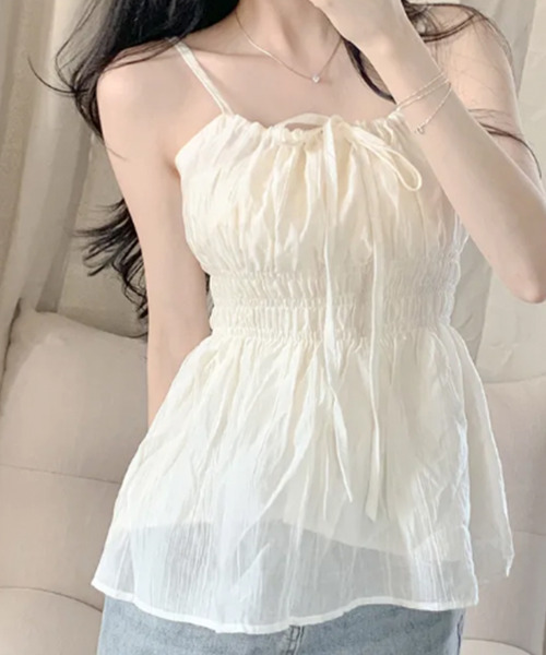 VIVID LADY(ビビッドレディー)の「ドロストネック シャーリングペプラムキャミブラウス(シャツ/ブラウス・レディース・ホワイト/ライトブルー/ブラック/クリーム/ピンク・FREE)」の3枚目の写真