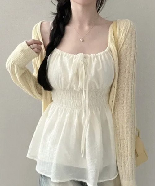 VIVID LADY(ビビッドレディー)の「ドロストネック シャーリングペプラムキャミブラウス(シャツ/ブラウス・レディース・ホワイト/ライトブルー/ブラック/クリーム/ピンク・FREE)」の11枚目の写真