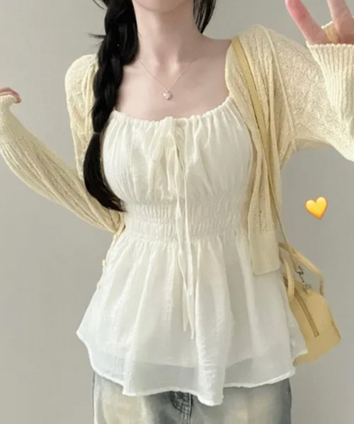 VIVID LADY(ビビッドレディー)の「ドロストネック シャーリングペプラムキャミブラウス(シャツ/ブラウス・レディース・ホワイト/ライトブルー/ブラック/クリーム/ピンク・FREE)」の12枚目の写真
