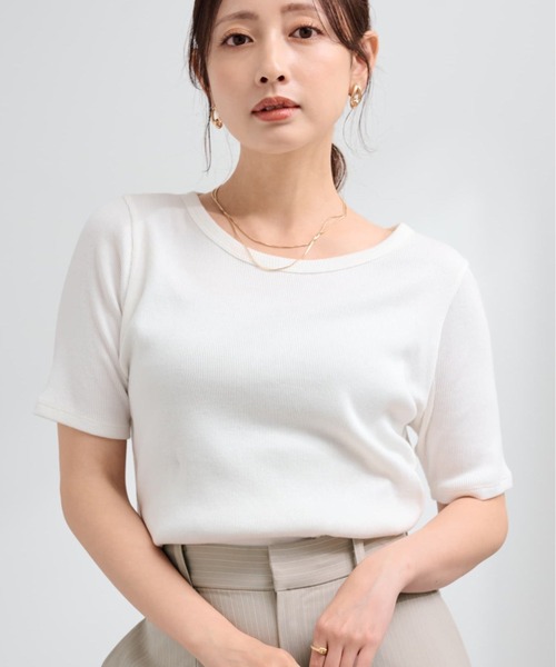 COHINA(コヒナ)の「ハイゲージコットンリブカットソー 【低身長・小柄女性】(Tシャツ/カットソー・レディース・ネイビー/ホワイト/ピンク・ONE SIZE)」の1枚目の写真