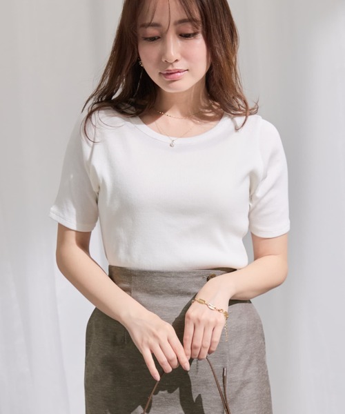 COHINA(コヒナ)の「ハイゲージコットンリブカットソー 【低身長・小柄女性】(Tシャツ/カットソー・レディース・ネイビー/ホワイト/ピンク・ONE SIZE)」の4枚目の写真