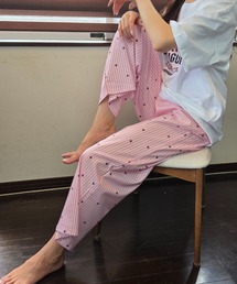【全2色】ハート刺繍ストライプイージーワイドパンツ / ルームウェア / ワンマイルウェア / パジャマパンツ