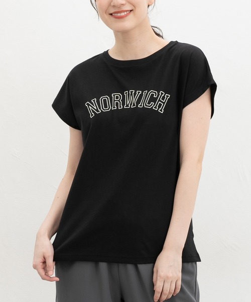 Honeys(ハニーズ)の「【接触冷感・ひんやりコットン】ひんやり綿フレンチロゴT(Tシャツ/カットソー・レディース・レッド系1/ダークブラウン系1/カーキ/スミクロ/ブラック・S/LL/M/L)」の2枚目の写真