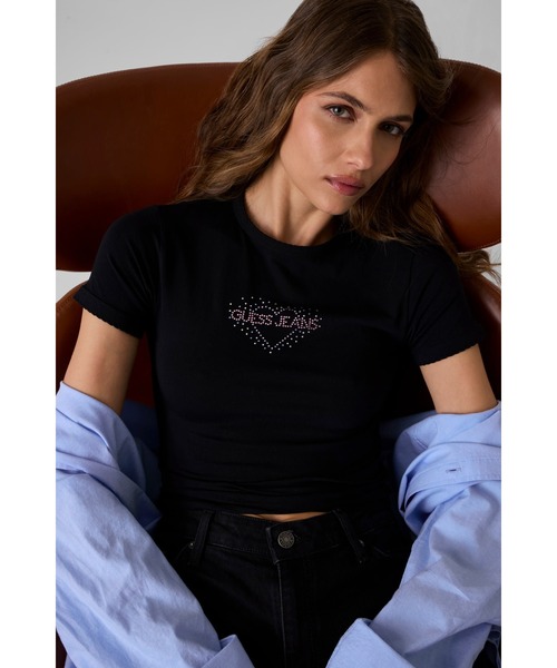 GUESS JEANS（ゲスジーンズ）の「GUESS JEANS Rhinestone Heart Tee Tシャツ 半袖（Tシャツ/カットソー・レディース・ホワイト/ブラック・X-SMALL/SMALL/MEDIUM/LARGE）」の2枚目の写真