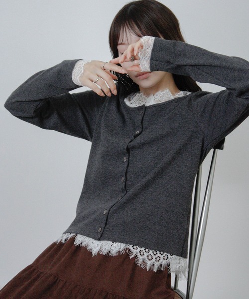 Social GIRL(ソーシャルガール)の「レース レイヤード ニットカーディガン 長袖(カーディガン/ボレロ・レディース・ブラック/チャコール/アイボリー・M)」の1枚目の写真