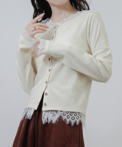 Social GIRL(ソーシャルガール)の「レース レイヤード ニットカーディガン 長袖(カーディガン/ボレロ・レディース・ブラック/チャコール/アイボリー・M)」の6枚目の写真