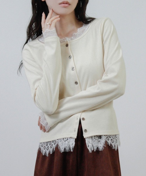 Social GIRL(ソーシャルガール)の「レース レイヤード ニットカーディガン 長袖(カーディガン/ボレロ・レディース・ブラック/チャコール/アイボリー・M)」の9枚目の写真