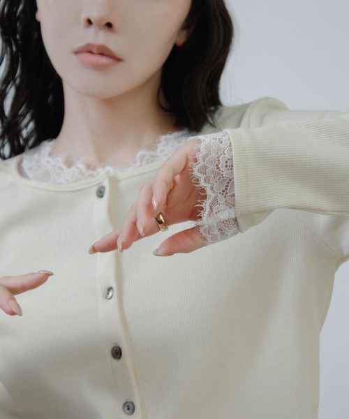 Social GIRL(ソーシャルガール)の「レース レイヤード ニットカーディガン 長袖(カーディガン/ボレロ・レディース・ブラック/チャコール/アイボリー・M)」の10枚目の写真