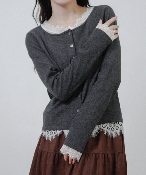 Social GIRL(ソーシャルガール)の「レース レイヤード ニットカーディガン 長袖(カーディガン/ボレロ・レディース・ブラック/チャコール/アイボリー・M)」の21枚目の写真
