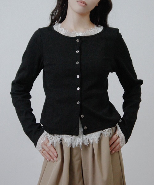 Social GIRL(ソーシャルガール)の「レース レイヤード ニットカーディガン 長袖(カーディガン/ボレロ・レディース・ブラック/チャコール/アイボリー・M)」の12枚目の写真