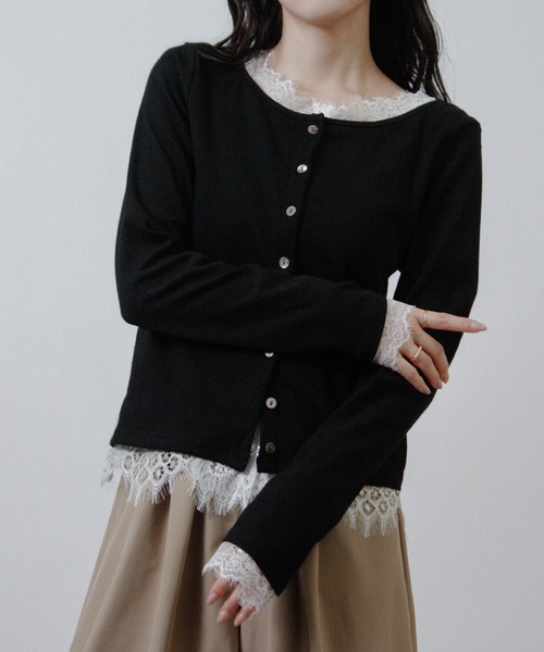 Social GIRL(ソーシャルガール)の「レース レイヤード ニットカーディガン 長袖(カーディガン/ボレロ・レディース・ブラック/チャコール/アイボリー・M)」の13枚目の写真