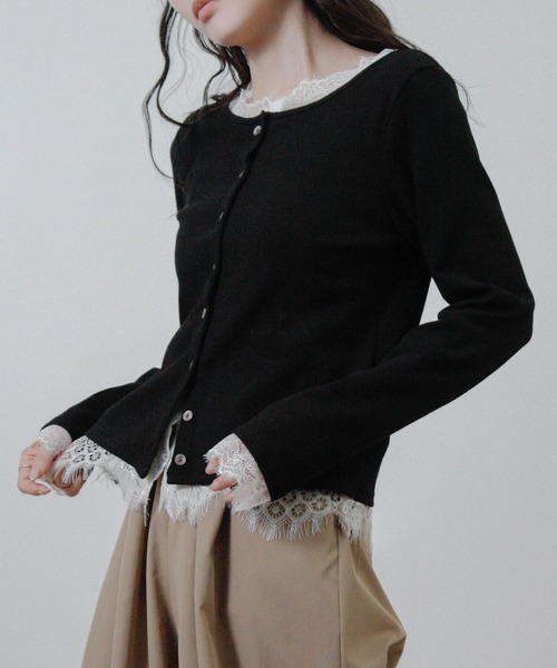 Social GIRL(ソーシャルガール)の「レース レイヤード ニットカーディガン 長袖(カーディガン/ボレロ・レディース・ブラック/チャコール/アイボリー・M)」の15枚目の写真