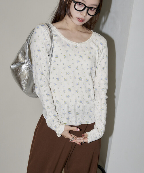 JEMORGAN(ジェーイーモーガン)の「JEMORGAN/ジェーイーモーガン 針抜き フライス 花柄 レース ロンT 限定展開(Tシャツ/カットソー・レディース・ネイビー/ブラック/サックスブルー・フリ-)」の8枚目の写真