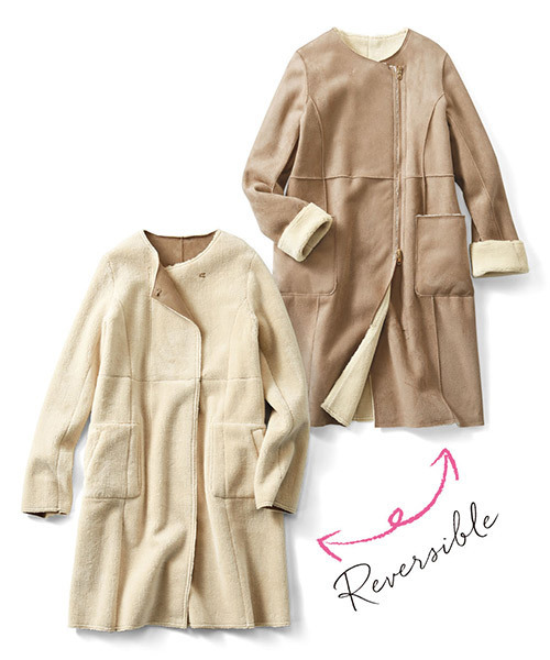 IEDIT（イディット）の「ノーカラーで着ぶくれ知らず　着こなし自在のリバーシブルエコムートンコート＜ベージュ＞（ムートンコート・レディース・ベージュ・XX-LARGE/LARGE/MEDIUM/SMALL/X-LARGE）」の6枚目の写真