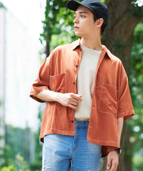 WEGO(ウィゴー)の「WEGO/カラーステッチビッグシルエット5分袖ポプリンシャツ(シャツ/ブラウス・メンズ・ホワイト/ブラック/ベージュ/パープル/ライトピンク/ダークオレンジ・MEDIUM/LARGE)」の6枚目の写真