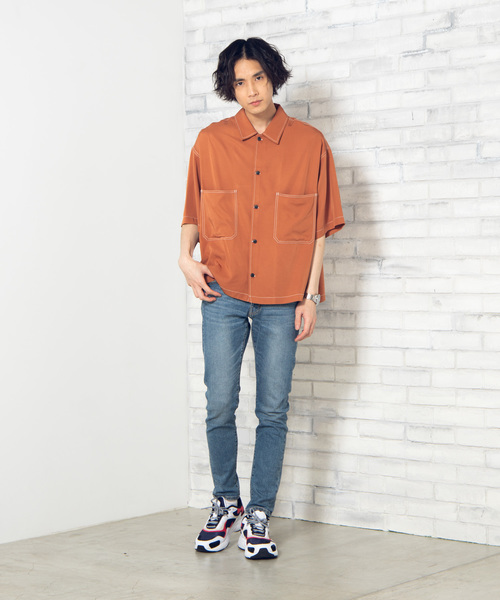 WEGO(ウィゴー)の「WEGO/カラーステッチビッグシルエット5分袖ポプリンシャツ(シャツ/ブラウス・メンズ・ホワイト/ブラック/ベージュ/パープル/ライトピンク/ダークオレンジ・MEDIUM/LARGE)」の14枚目の写真