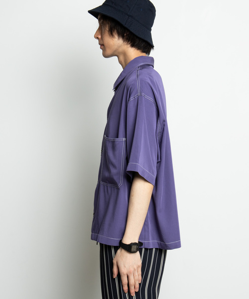 WEGO(ウィゴー)の「WEGO/カラーステッチビッグシルエット5分袖ポプリンシャツ(シャツ/ブラウス・メンズ・ホワイト/ブラック/ベージュ/パープル/ライトピンク/ダークオレンジ・MEDIUM/LARGE)」の7枚目の写真