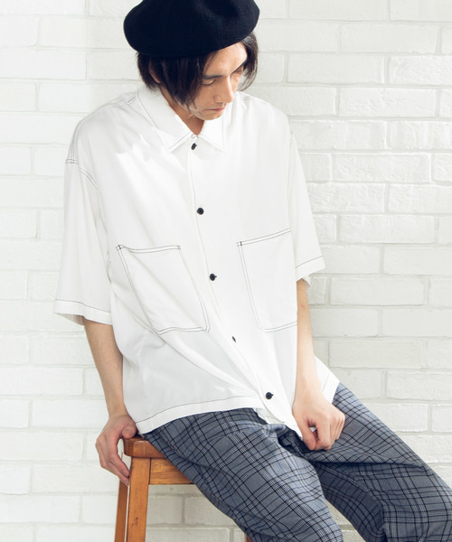 WEGO(ウィゴー)の「WEGO/カラーステッチビッグシルエット5分袖ポプリンシャツ(シャツ/ブラウス・メンズ・ホワイト/ブラック/ベージュ/パープル/ライトピンク/ダークオレンジ・MEDIUM/LARGE)」の20枚目の写真