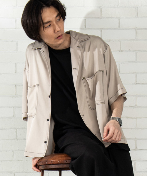 WEGO(ウィゴー)の「WEGO/カラーステッチビッグシルエット5分袖ポプリンシャツ(シャツ/ブラウス・メンズ・ホワイト/ブラック/ベージュ/パープル/ライトピンク/ダークオレンジ・MEDIUM/LARGE)」の21枚目の写真