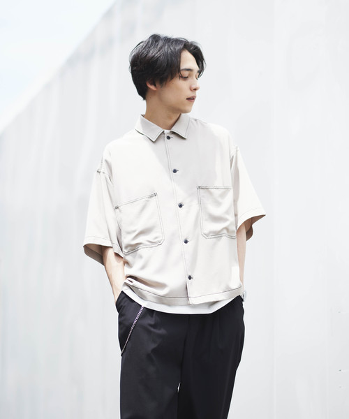 WEGO(ウィゴー)の「WEGO/カラーステッチビッグシルエット5分袖ポプリンシャツ(シャツ/ブラウス・メンズ・ホワイト/ブラック/ベージュ/パープル/ライトピンク/ダークオレンジ・MEDIUM/LARGE)」の18枚目の写真