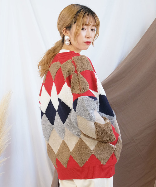 セール ポケット有り ボア切替アーガイル柄ニットカーディガン カーディガン ボレロ Andj アンドジェイ のファッション通販 Zozotown