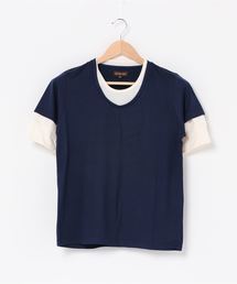 /Bl/5分袖フェイクレイヤードTシャツ Uネック