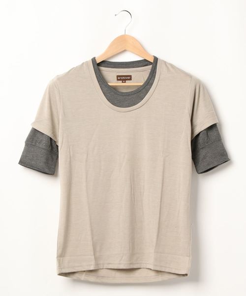 NO WAY（ノーウェイ）の「/Bl/5分袖フェイクレイヤードTシャツ Uネック（Tシャツ/カットソー・レディース・ネイビー/ミント/ピンク/ブラック/マルチ/グレー・MEDIUM/LARGE）」の3枚目の写真