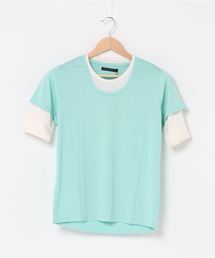 /Bl/5分袖フェイクレイヤードTシャツ Uネック