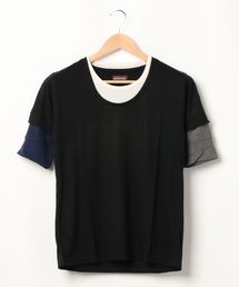 /Bl/5分袖フェイクレイヤードTシャツ Uネック