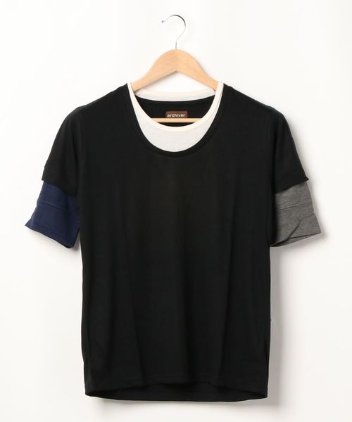 NO WAY（ノーウェイ）の「/Bl/5分袖フェイクレイヤードTシャツ Uネック（Tシャツ/カットソー・レディース・ネイビー/ミント/ピンク/ブラック/マルチ/グレー・MEDIUM/LARGE）」の6枚目の写真