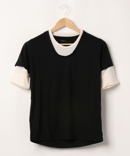 NO WAY（ノーウェイ）の「/Bl/5分袖フェイクレイヤードTシャツ Uネック（Tシャツ/カットソー・レディース・ネイビー/ミント/ピンク/ブラック/マルチ/グレー・MEDIUM/LARGE）」の2枚目の写真