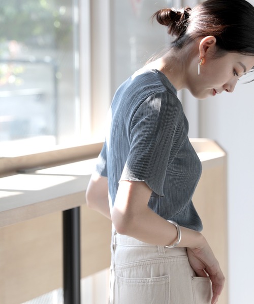 セール】上品な光沢感。ミニプリーツ半袖シアー素材Tシャツ（T