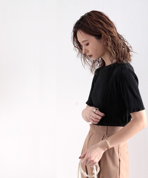 セール】上品な光沢感。ミニプリーツ半袖シアー素材Tシャツ（T