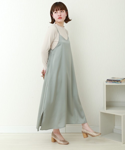 n'ee-ne（ネーネ）の「サテンワンピース+テレコインナー　セット（ワンピース・レディース・ベージュ/ブルー/グリーン/ネイビー・M）」の3枚目の写真