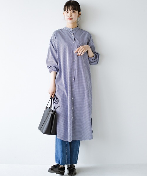 haco!（ハコ）の「季節の変わり目の羽織にもニットやスウェットとの重ね着にも長い季節使えて便利なバンドカラーシャツワンピース（シャツワンピース・レディース・ホワイト/チェック・SMALL/MEDIUM/LARGE/X-LARGE）」の18枚目の写真