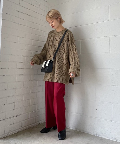 PAGEBOY（ページボーイ）の「ケーブルクルーBIGプルオーバー（ニット/セーター・レディース・オフホワイト/ブラック/ブラウン/オリーブ・FREE）」の14枚目の写真