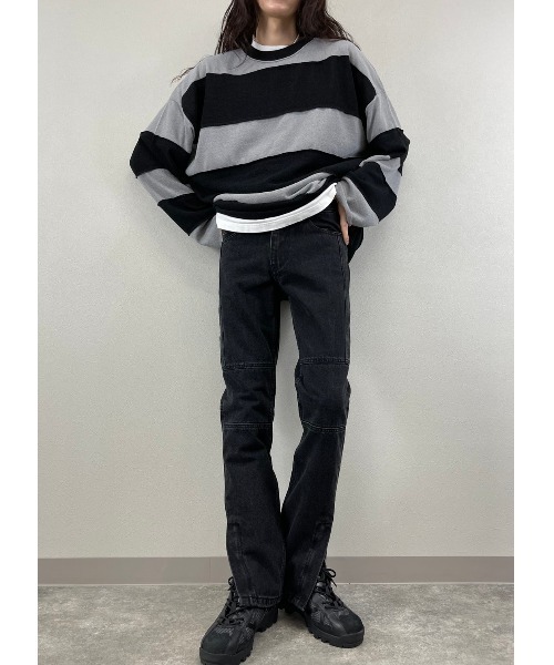 xu 白黒ボーダー XU（エックスユー）の「【XU/エックスユー】damage border knit