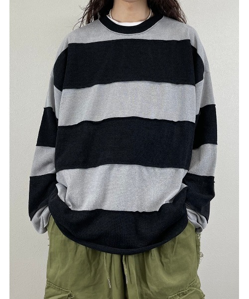 xu 白黒ボーダー XU（エックスユー）の「【XU/エックスユー】damage border knit