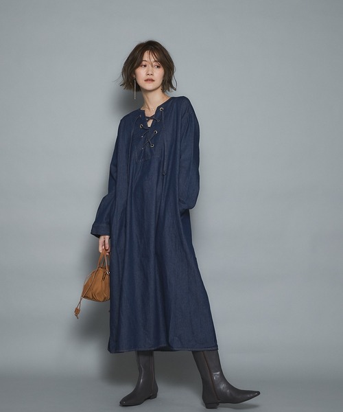 un dix cors（アンディコール）の「前後楽しめる 2wayレースアップデニムワンピース（ワンピース・レディース・ブルー/ネイビー・FREE）」の6枚目の写真