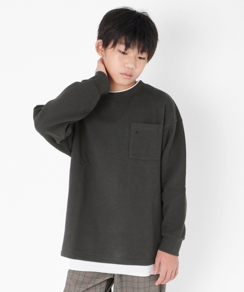 GLAZOS（グラソス）の「裏毛・USAコットンドロップショルダーフェイクレイヤードトレーナー（スウェット・キッズ・ライトベージュ/ブルー/チャコールグレー/ライトカーキ/ブラウン・160cm/130cm/170cm/150cm/140cm）」の2枚目の写真