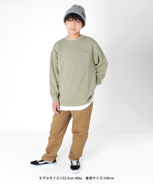 GLAZOS（グラソス）の「裏毛・USAコットンドロップショルダーフェイクレイヤードトレーナー（スウェット・キッズ・ライトベージュ/ブルー/チャコールグレー/ライトカーキ/ブラウン・160cm/130cm/170cm/150cm/140cm）」の18枚目の写真