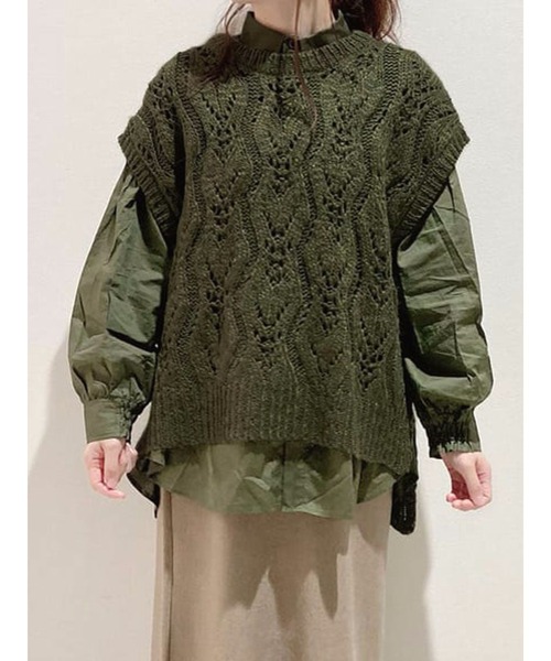 sm2rhythm（サマンサモスモスリズム）の「柄編みニットベスト（ベスト・レディース・オリーブ/クリーム/ブラック・ﾌﾘ-）」の3枚目の写真