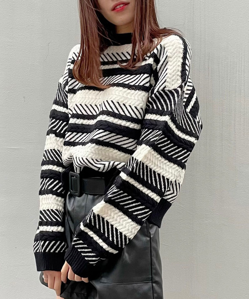 titty＆Co. PETIT（ティティアンドコープティ）の「【titty&Co.PETIT】編込みボーダーニットプルオーバー（ニット/セーター・レディース・ブラック/ブラウン・FREE）」の2枚目の写真