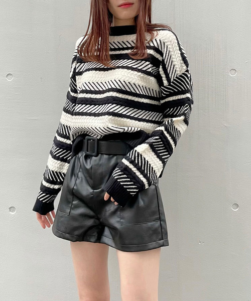 titty＆Co. PETIT（ティティアンドコープティ）の「【titty&Co.PETIT】編込みボーダーニットプルオーバー（ニット/セーター・レディース・ブラック/ブラウン・FREE）」の3枚目の写真