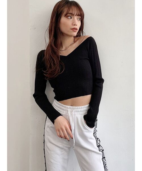 GYDA（ジェイダ）の「Vネックオフショルリブニット トップス（ニット/セーター・レディース・オフホワイト/ブラック・FREE）」の5枚目の写真