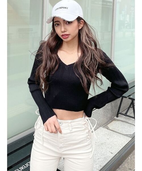 GYDA（ジェイダ）の「Vネックオフショルリブニット トップス（ニット/セーター・レディース・オフホワイト/ブラック・FREE）」の16枚目の写真