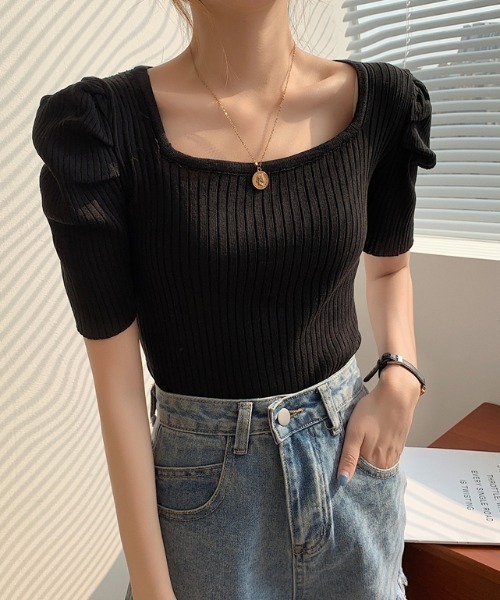 CLEA（クレア）の「スクエアネックパフスリーブリブトップス（Tシャツ/カットソー・レディース・ホワイト/ブラック/イエロー・FREE）」の3枚目の写真