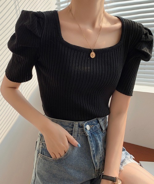CLEA（クレア）の「スクエアネックパフスリーブリブトップス（Tシャツ/カットソー・レディース・ホワイト/ブラック/イエロー・FREE）」の14枚目の写真