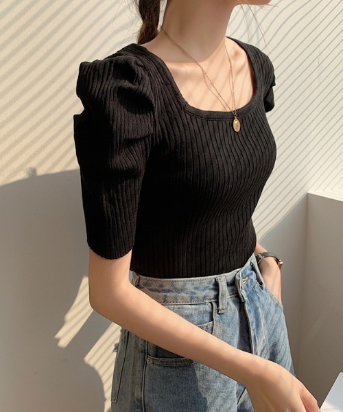 CLEA（クレア）の「スクエアネックパフスリーブリブトップス（Tシャツ/カットソー・レディース・ホワイト/ブラック/イエロー・FREE）」の17枚目の写真